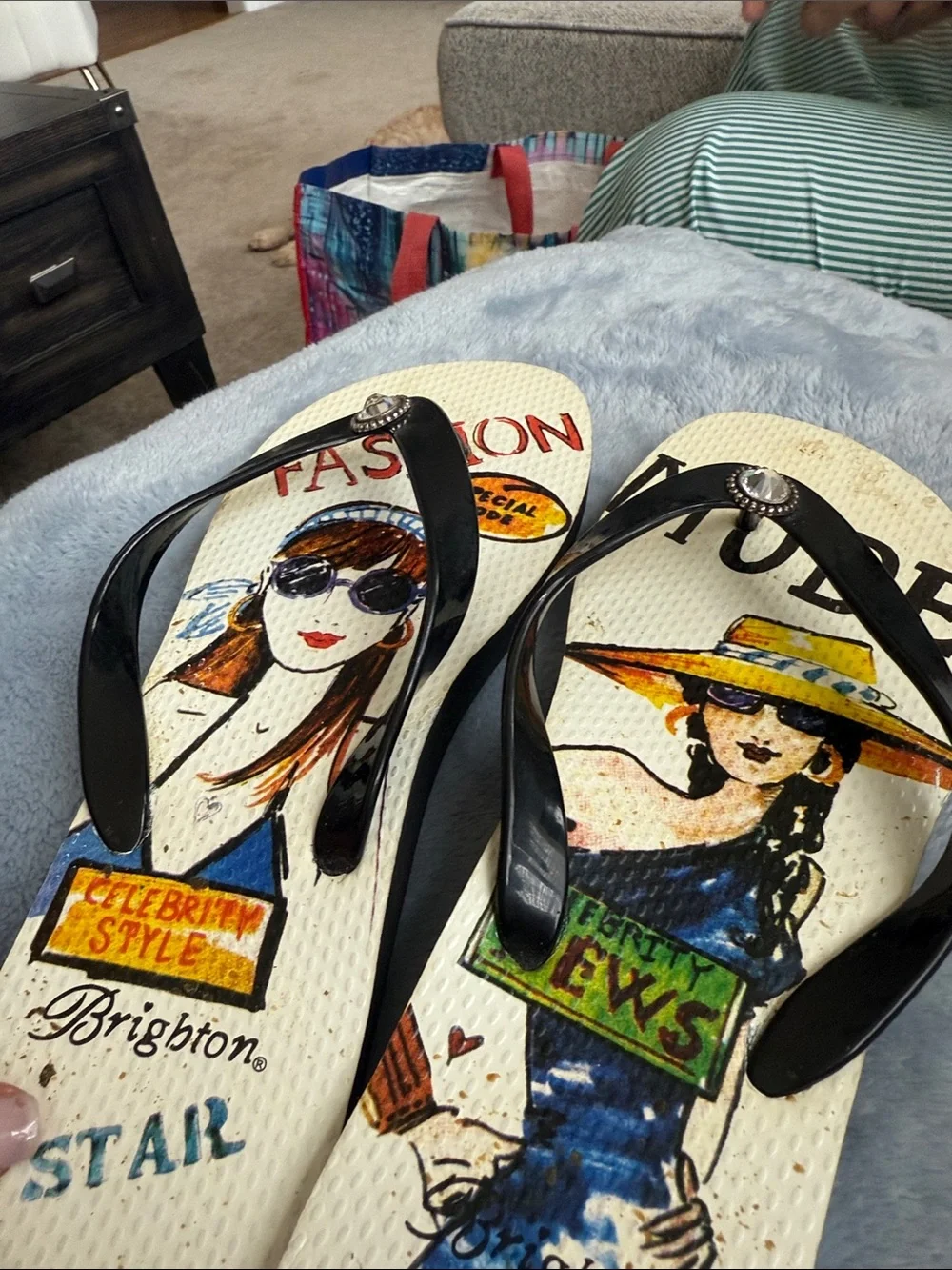 Bella Vita Black Strap Flip-Flops with Colorful Graphic Footbed